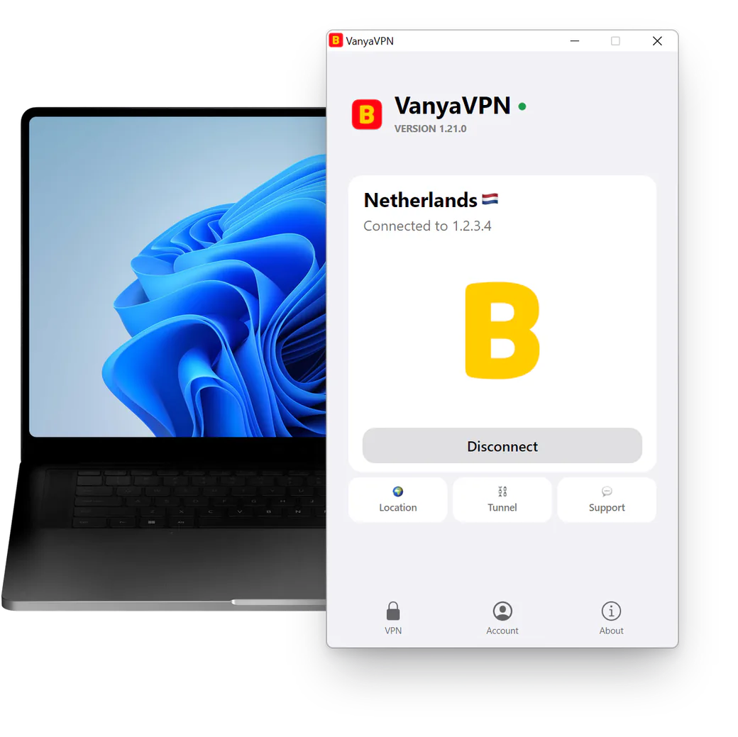 VanyaVPN window on Windows: VPN connected, location Netherlands